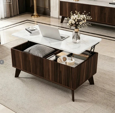 Table basse rangement bouteille plateau relevable