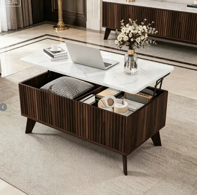 Table basse rangement bouteille plateau relevable