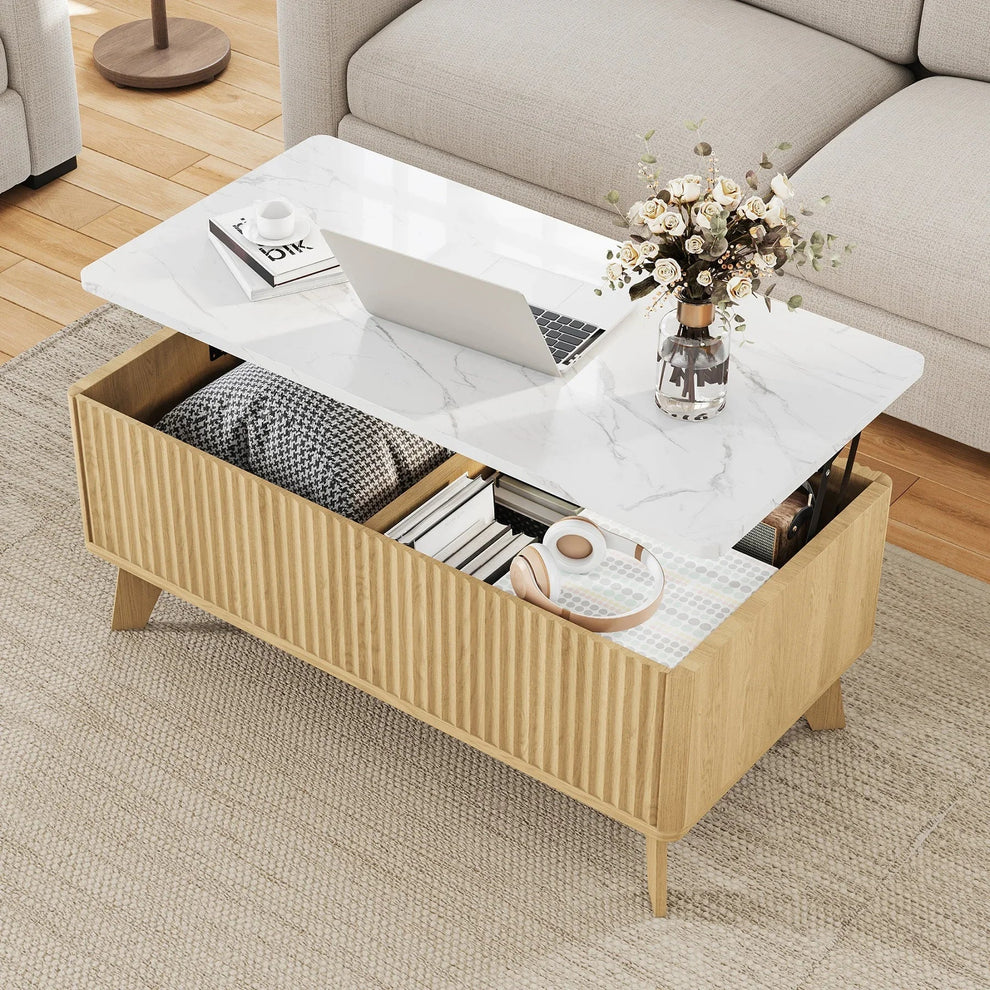 Table basse rangement bouteille plateau relevable